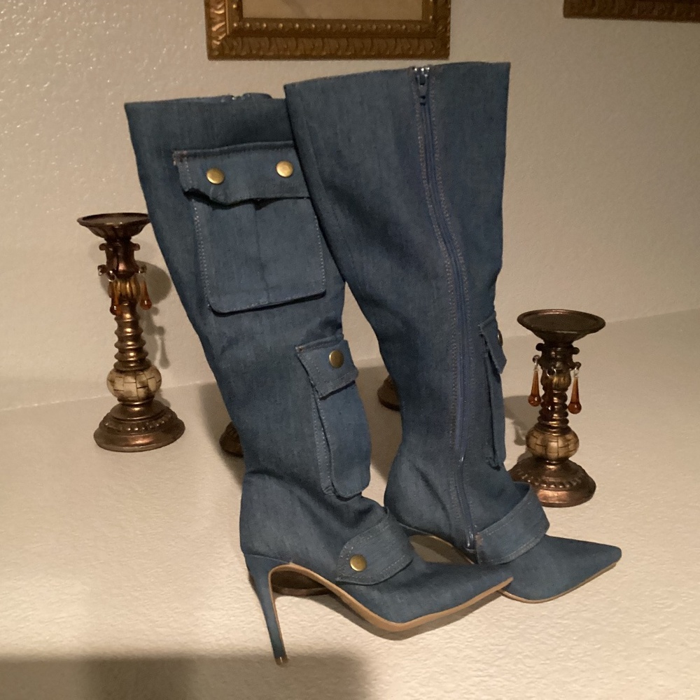 Knee High Stiletto Denim Boots, Size 6, Color Blue NEW